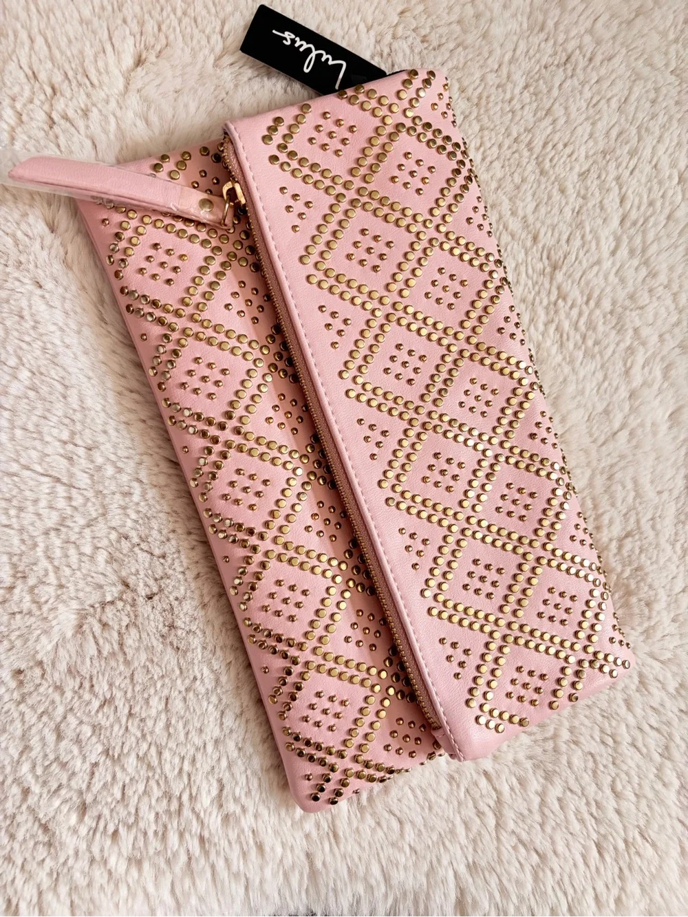 Lulu's Blush Pink Studded Fold-Over Wristlet Clutch